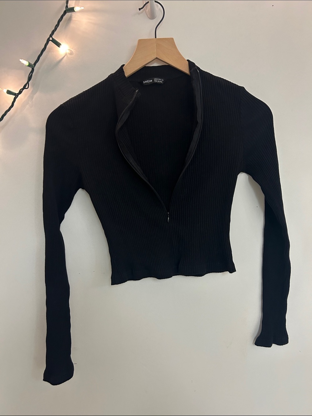 Black Ribbed Zip-Front Long turtle neck Crop Top